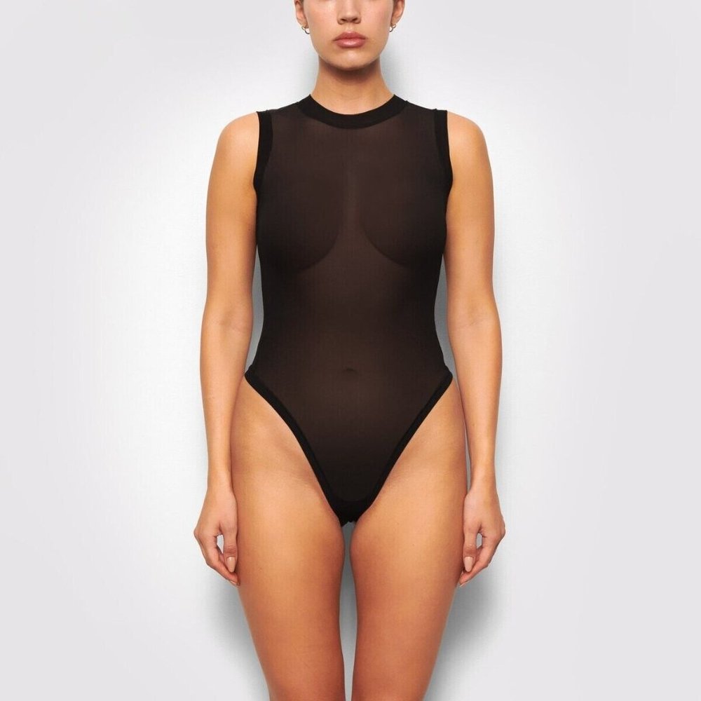 NWT Skims Women's Summer Mesh Mock Neck Bodysuit Black Size Large